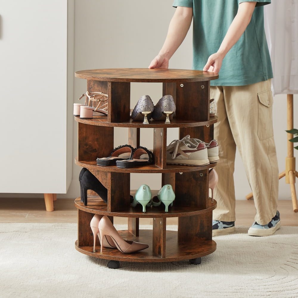 Wooden Rotating Shoe Rack Tower, 4 Tier Revolving Shoe Storage with 4