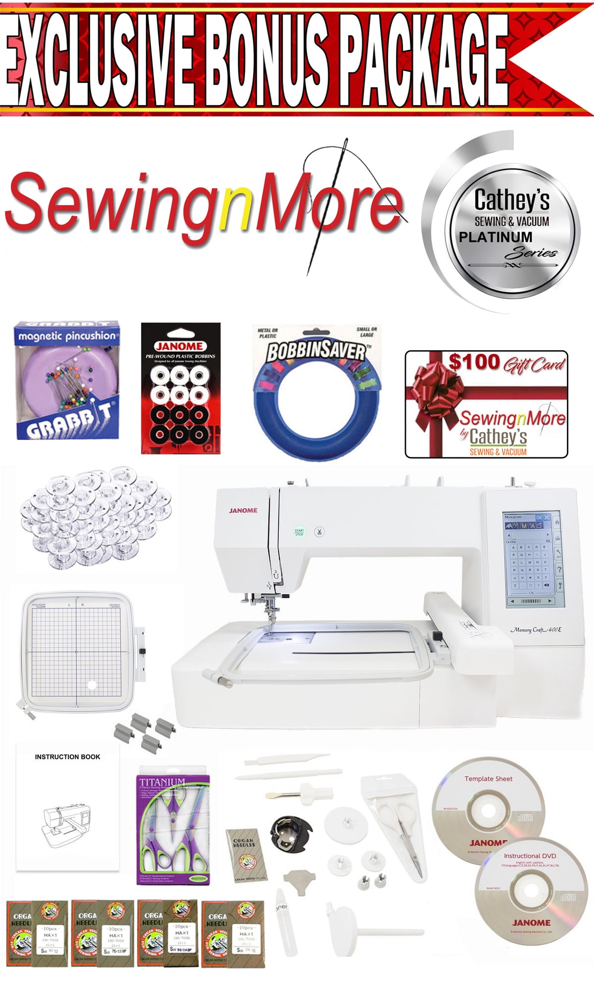 Janome Memory Craft 400E Embroidery Machine w/Exclusive Platinum Series Bonus Package!