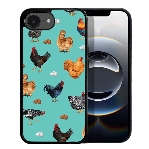 WIRESTER Shockproof Soft Rubber Cover Case for Apple iPhone 16e 6.1" 2025, Barnyard Chicken Roosters Teal Background