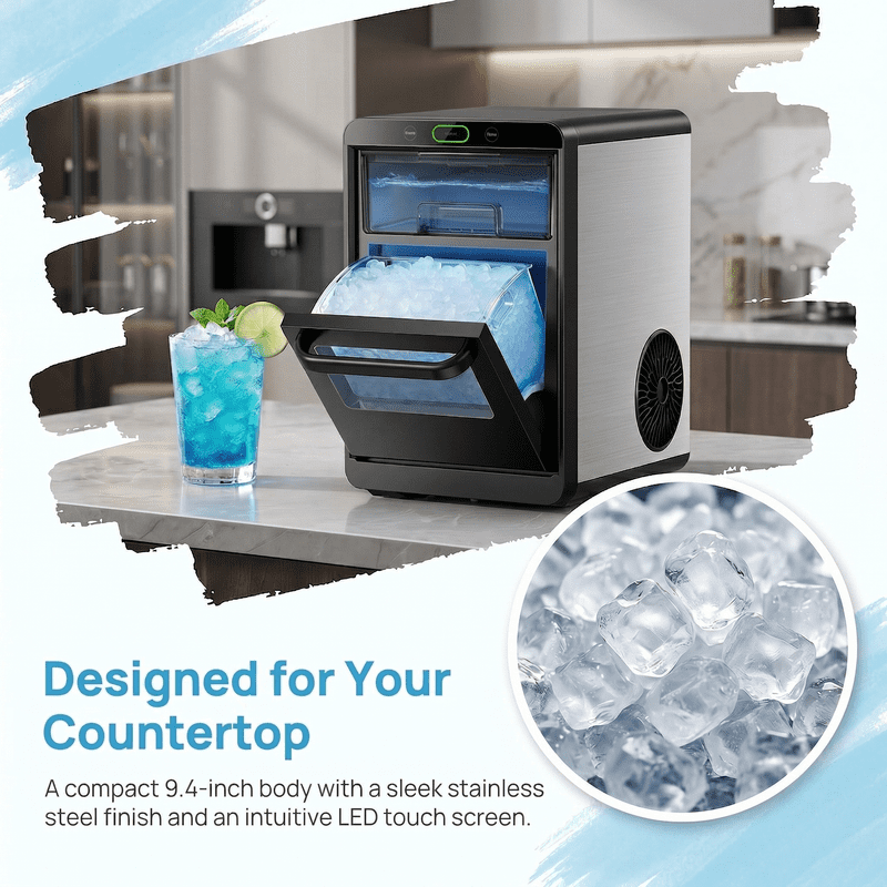 Countertop Nugget Ice Maker with Front Pull-Out Water Tank, 44 lbs/24H Pebble Ice Machine, Removable Ice Basket, Self-Cleaning Crushed Ice Maker, Stainless Steel Finish for Kitchen