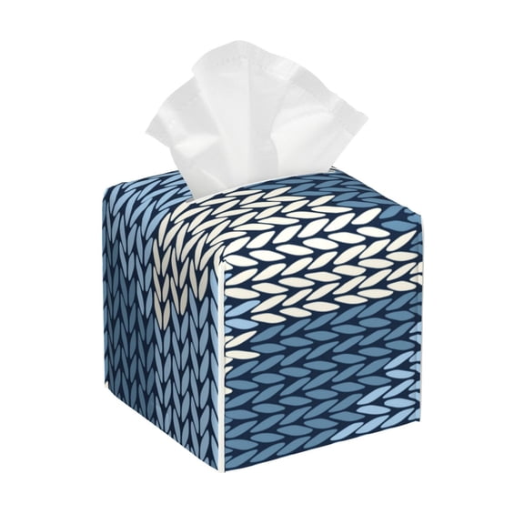 Picia Cozy Knitted Blue Chevron Pattern Tissue Box Cover,PVC Leather Square Holder,Tissue Box Holder with Magnetic Bottom,Facial Paper Organizer Dispenser-5.2"X5.2"X5.2"