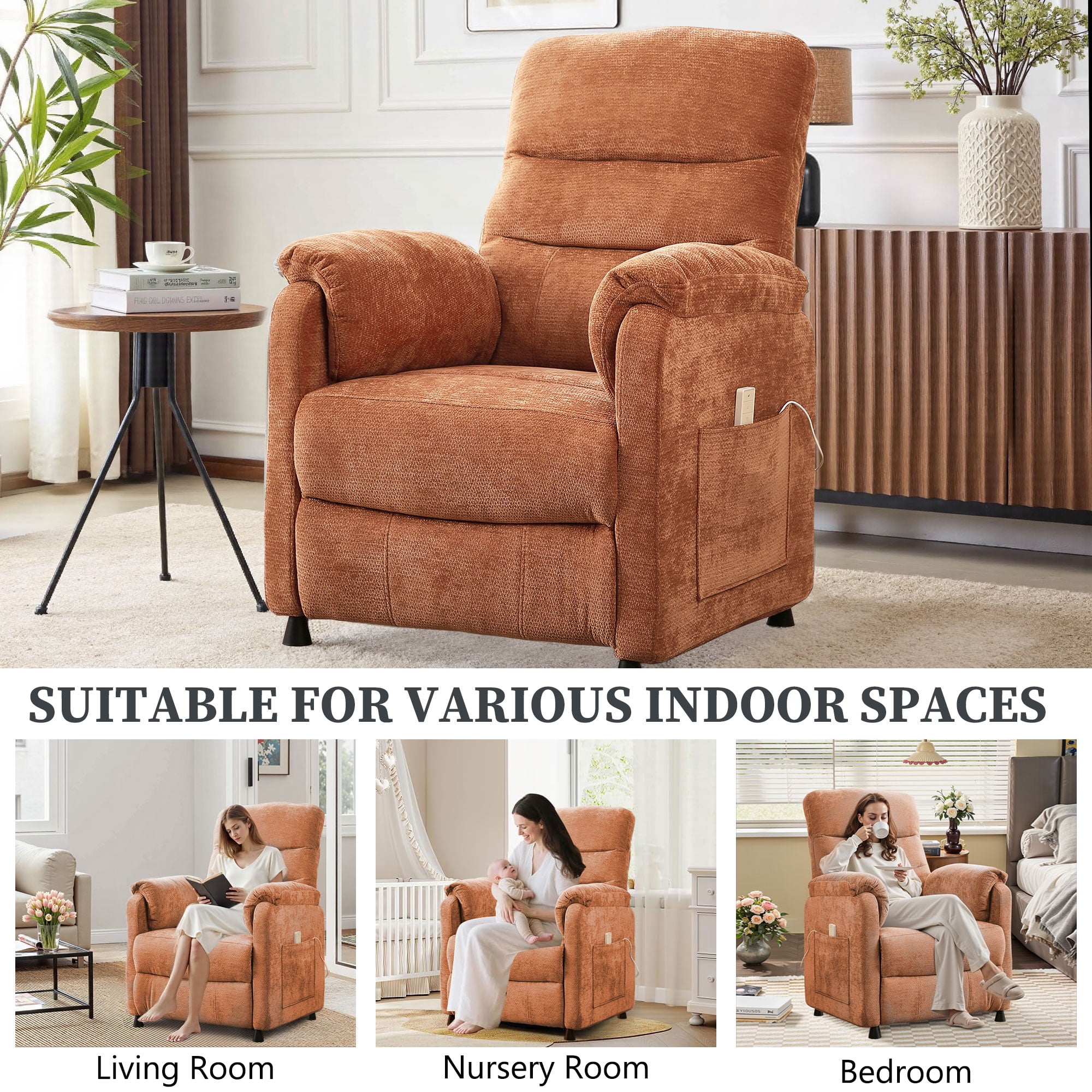 Power Recliner Chair Living Room with Adjustable Backrest and Footrest, Electric Recliner Chair for Adults(Chenille, Orange)