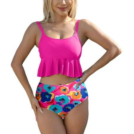 HABDGIKS 2025 Bikinis Sets for Women High Waisted Tube Ruffled Triangle Bra Strapless Halter Bathing Suit Cut Out Swimsuit