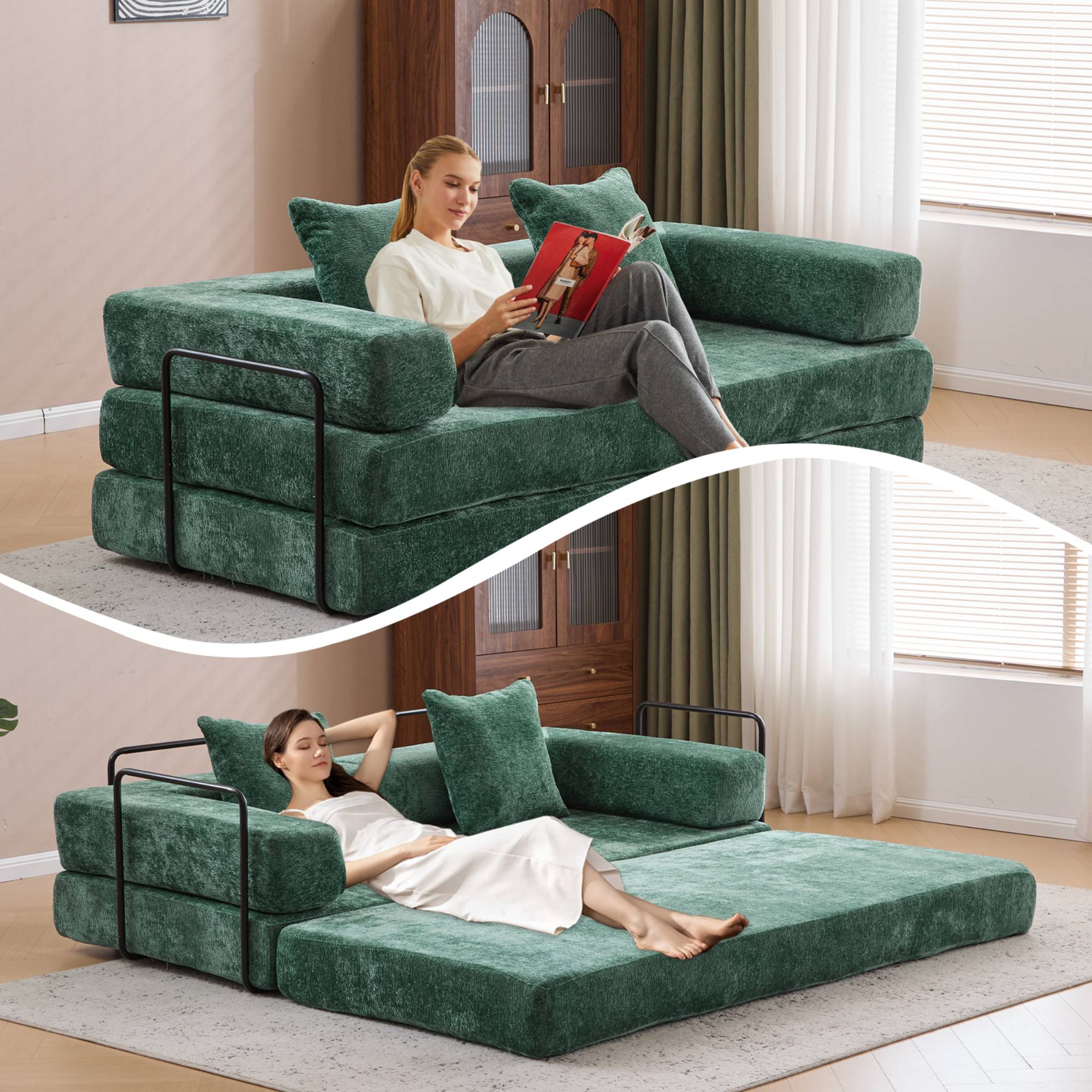 Convertible Sleeper Sofa Bed with Pillow, Corduroy Folding Mattress Floor Sofa Lounge Couch for Living Room, Bedroom, Dark Green