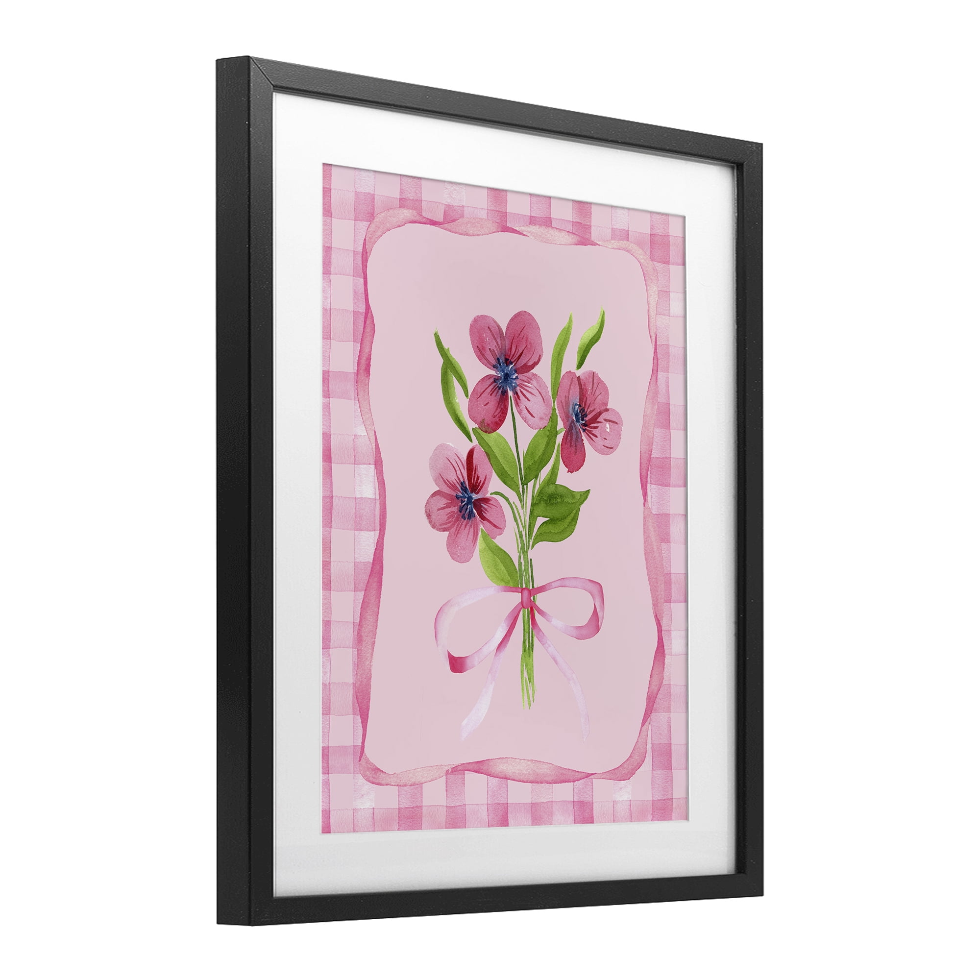 Pink Bordered Flower Bundle Black Framed Print Under Glass, design by Nina Jacobs