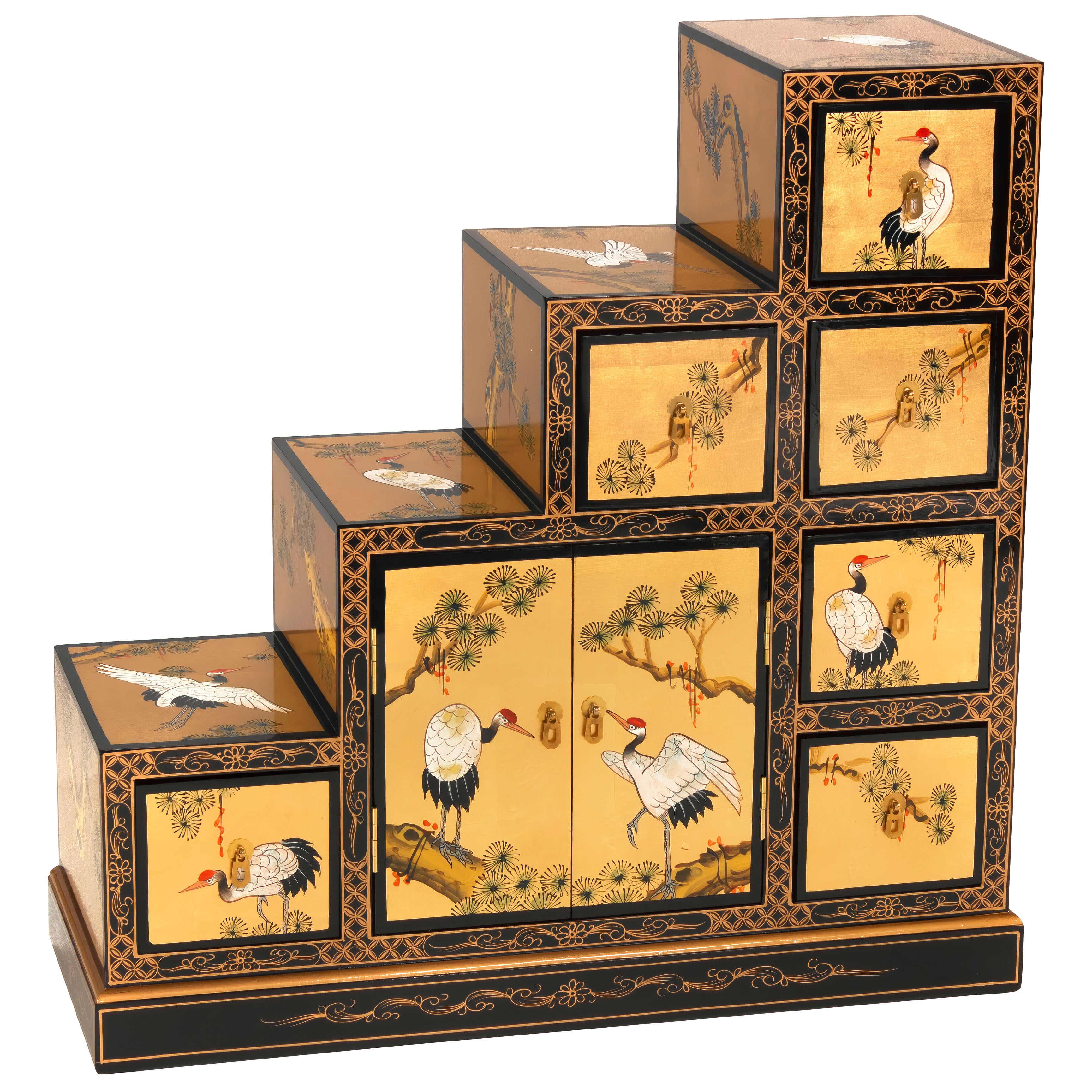 Oriental Furniture Gold Lacquer Step Tansu Cranes