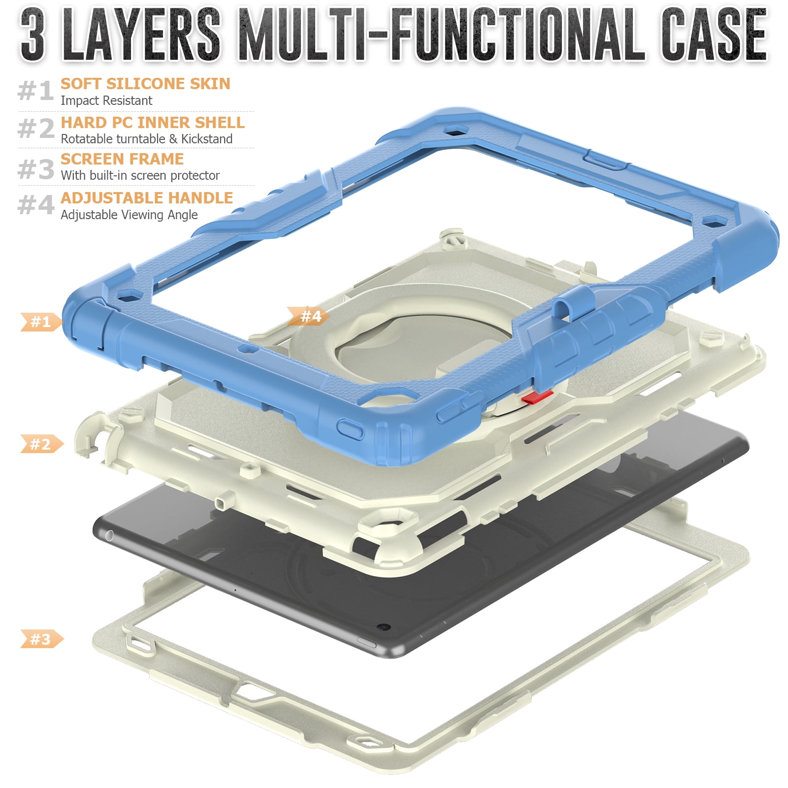 Allytechgroup Screen Protector Case for Apple iPad 9th 8th 7th Generation 10.2 Inch 2021 2020 2019, Heavy Duty Protective Build-in Pencil Holder Handle Stand Rugged Bumper Case Kids Friendly,Blue