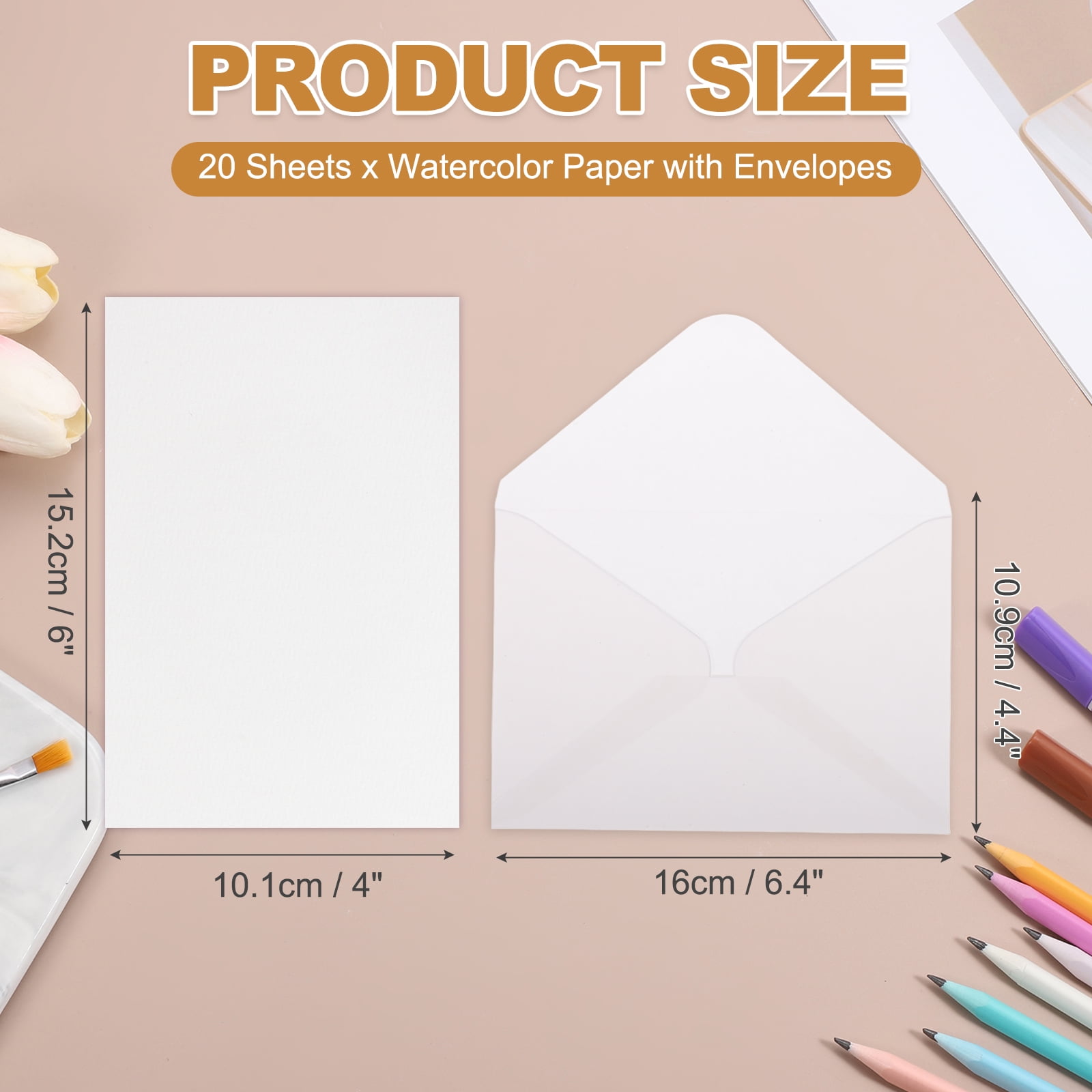 Uxcell 20 Set Watercolor Paper with Envelopes 6 x 4 Inch 140lb/300gsm Artist Painting Drawing Paper Cold Press Water Color Sheet with White Box for Sketchbook Journal (Straight Corner)