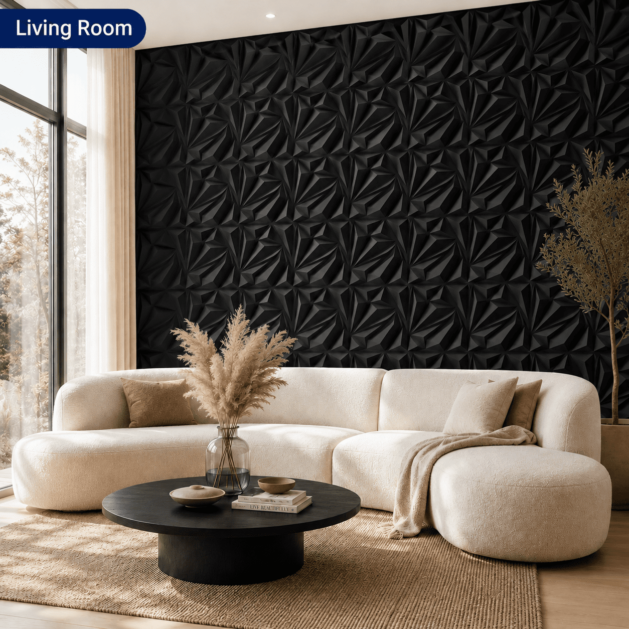 Yeslife 33-Pack Black PVC 3D Wall Panel Set, 11.8"x11.8" Diamond Pattern Accent Wall Covering for Interior Home Décor - Living Room, Bedroom, Office, TV Background
