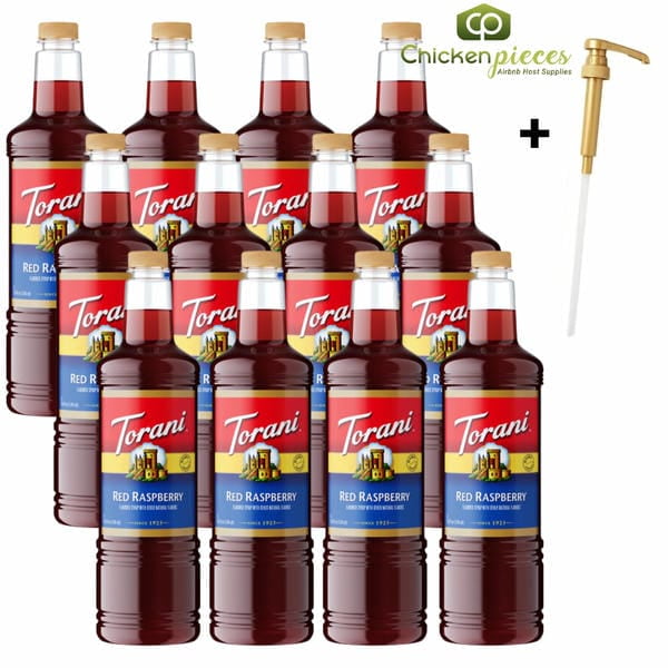 Torani Sirop Aromatisé Framboise Rouge Bouteille en Plastique 1 L + Pompe Doseuse Bonus