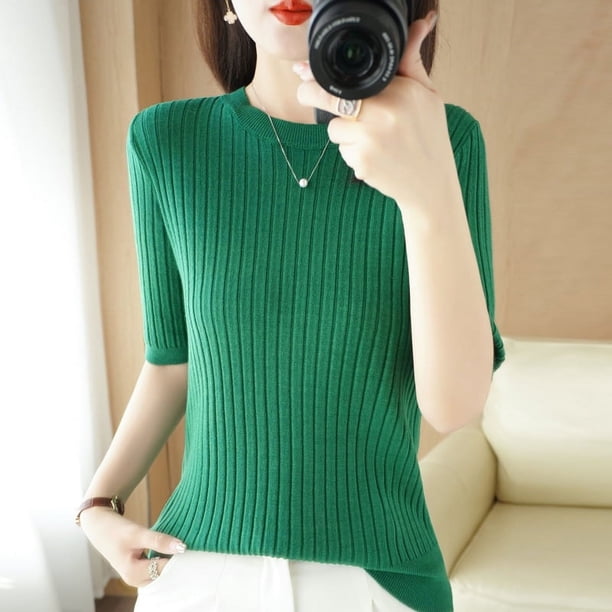 Suéter fino de otoño para mujer, suéter de manga corta con cuello redondo para mujer, suéter de lana base para mujer