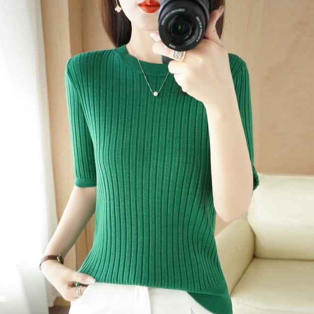 Suéter fino de otoño para mujer, suéter de manga corta con cuello redondo para mujer, suéter de lana base para mujer