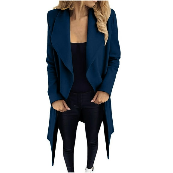 Hfyihgf Trench Coats for Women Plus Size Winter Wool Blend Mid-Long Peacoats Long Sleeve Lapel Slim Casual Open Front Cardigans Outwear(Blue,3XL)