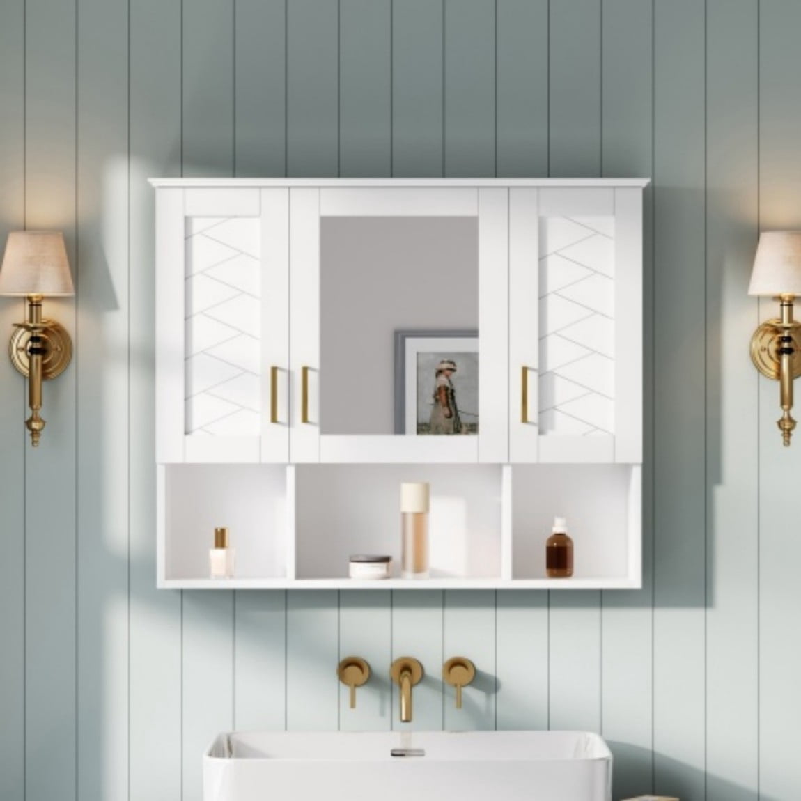 35" Wall Mounted Medicine Cabinet with Mirror, Bathroom Storage Cabinet with Adjustable Shelves, Soft Close Doors, Modern Mirror Cabinet for Vanity, White