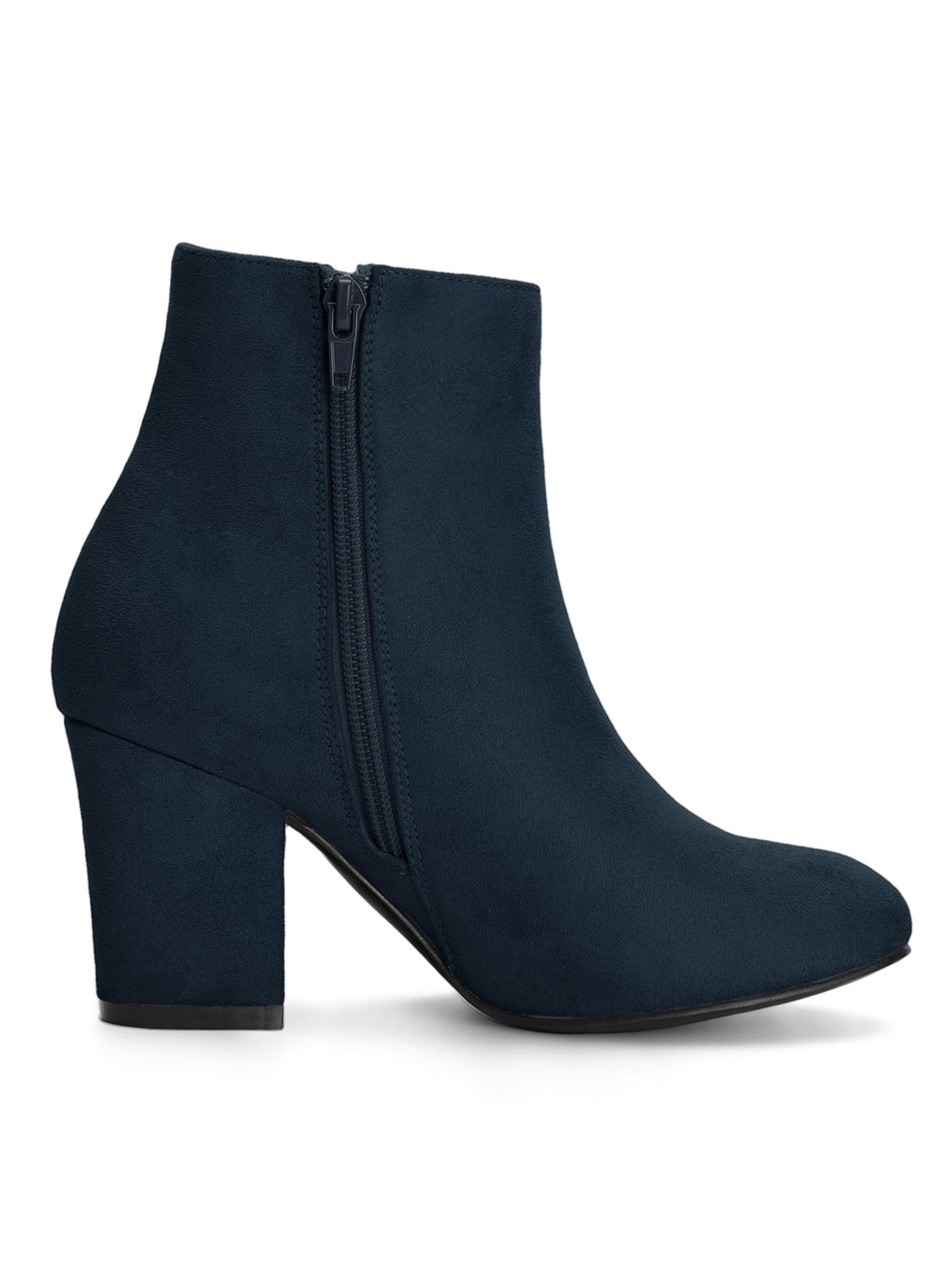 Side Zipper Block Heel Ankle Boots Navy 