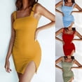 thumbnail image 4 of Women Summer Sleeveless Ribbed Knitted Bodycon Mini for Tank Dress Sexy Package Hip High Waist Split Hem Simple Solid Color Stretch Basic Party Clubwear, 4 of 16