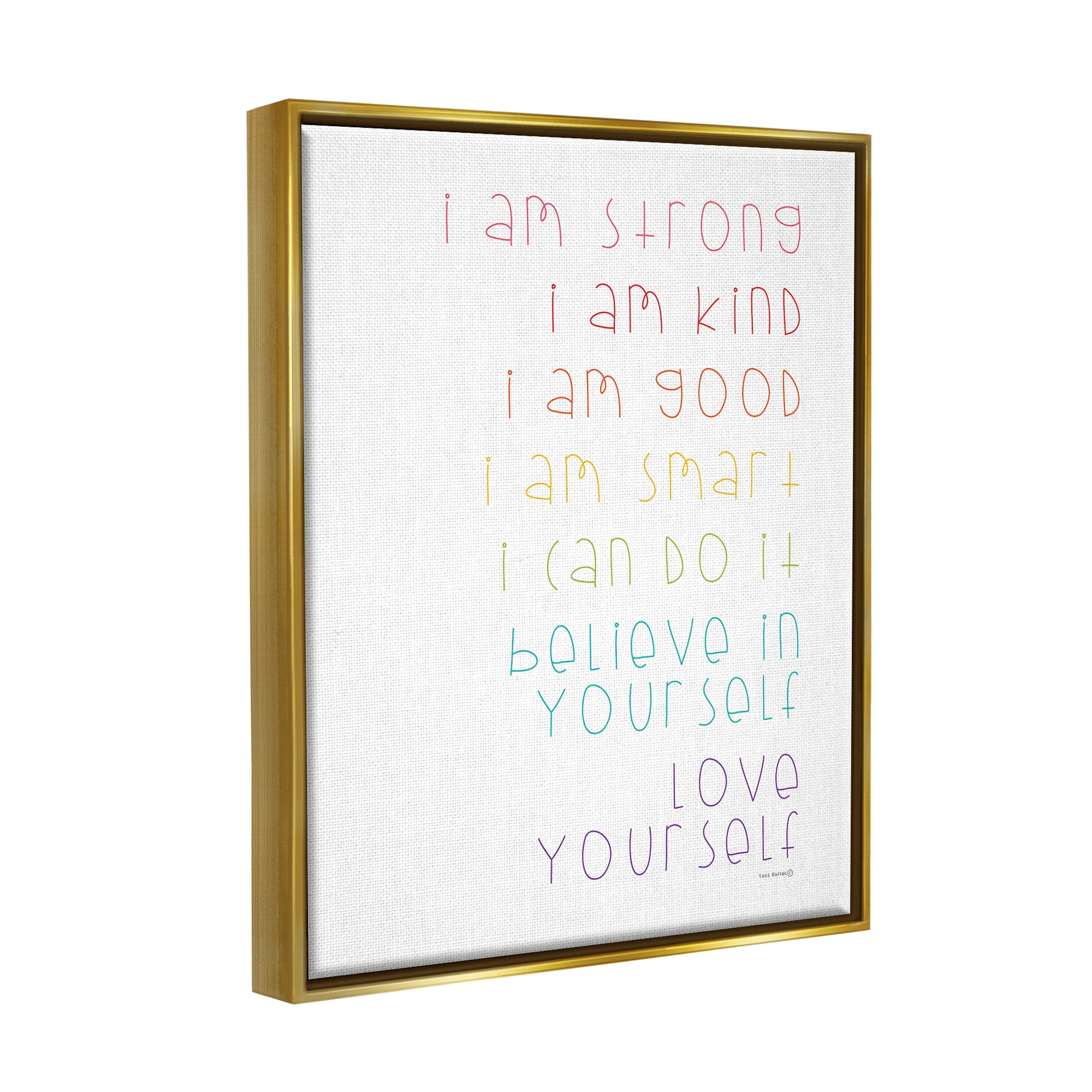 Stupell Industries Love Yourself Confidence Phrases Inspirational Painting Gold Floater Framed Canvas Art Print Wall Art, 17 x 21