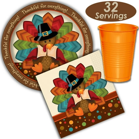 Thanksgiving Plate Decorations Turkey Thanksgiving Party Supplies - 32 Servings - Paper Dinner Plates, Napkins, Plastic Cups (12 oz) - Fun and Creative Colored Disposable Tableware Kit for Kids and Adults ()