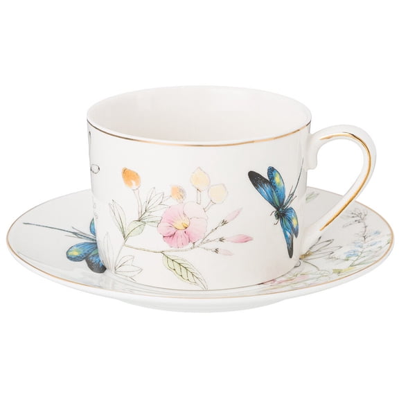 STPgoods Dragonfly Tea Porcelain Cup and Saucer Set 8.45 fl oz (250 ml) Kitchen Teacup Cup & Saucer Set Tea and Coffee Cup, White