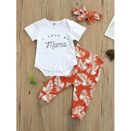 

3pcs Baby Letter Print Romper & Botanical Print Trousers Baby Set With Headband