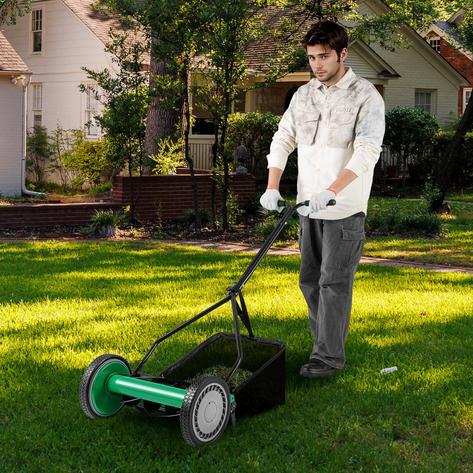 Gymax 14'' Manual Reel Mower w/ 5-Blade 6.6 Gallon Removable Grass Catcher for Garden Green