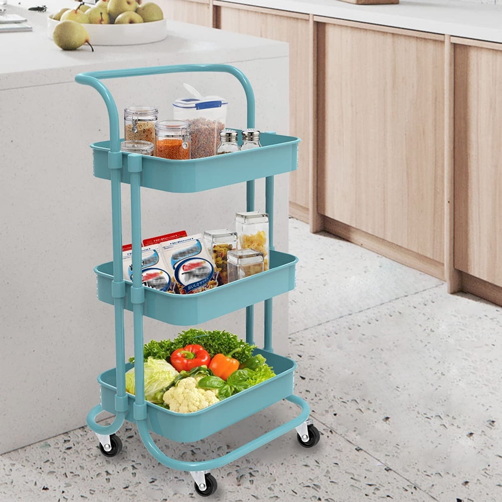Kadyn 3 Tier Utility Carts with Lockable Wheels, Metal Rolling Cart with Handle, Storage Organizer Trolley Cart for Bathroom, Blue Kadyn 3 Tier Utility Carts with Lockable Wheels, Metal Rolling Cart with Handle, Storage Organizer Trolley Cart for Bathroom, Blue