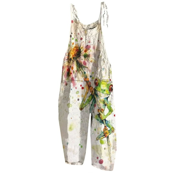 FITOOM Jumpsuits for Women Casual Ladies Frog Printed Summer Sleeveless Backless Loose Long Playsuits Rompers Lace up Jumpsuit