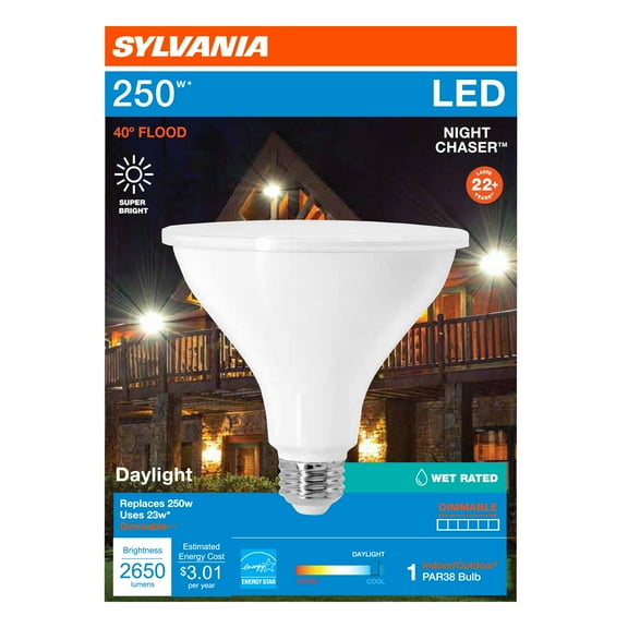 SYLVANIA PAR38 Night Chaser LED Light Bulb 250W, 40* Beam Spread, Dim, 2650 Lumen, Daylight, 13 yr
