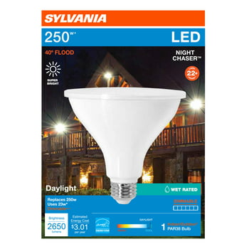 SYLVANIA PAR38 Night Chaser LED Light Bulb 25W = 250W Equivalent, Ultra Bright White, 2650 Lumens, 40* directional angle, Dimmable, 5000K Daylight