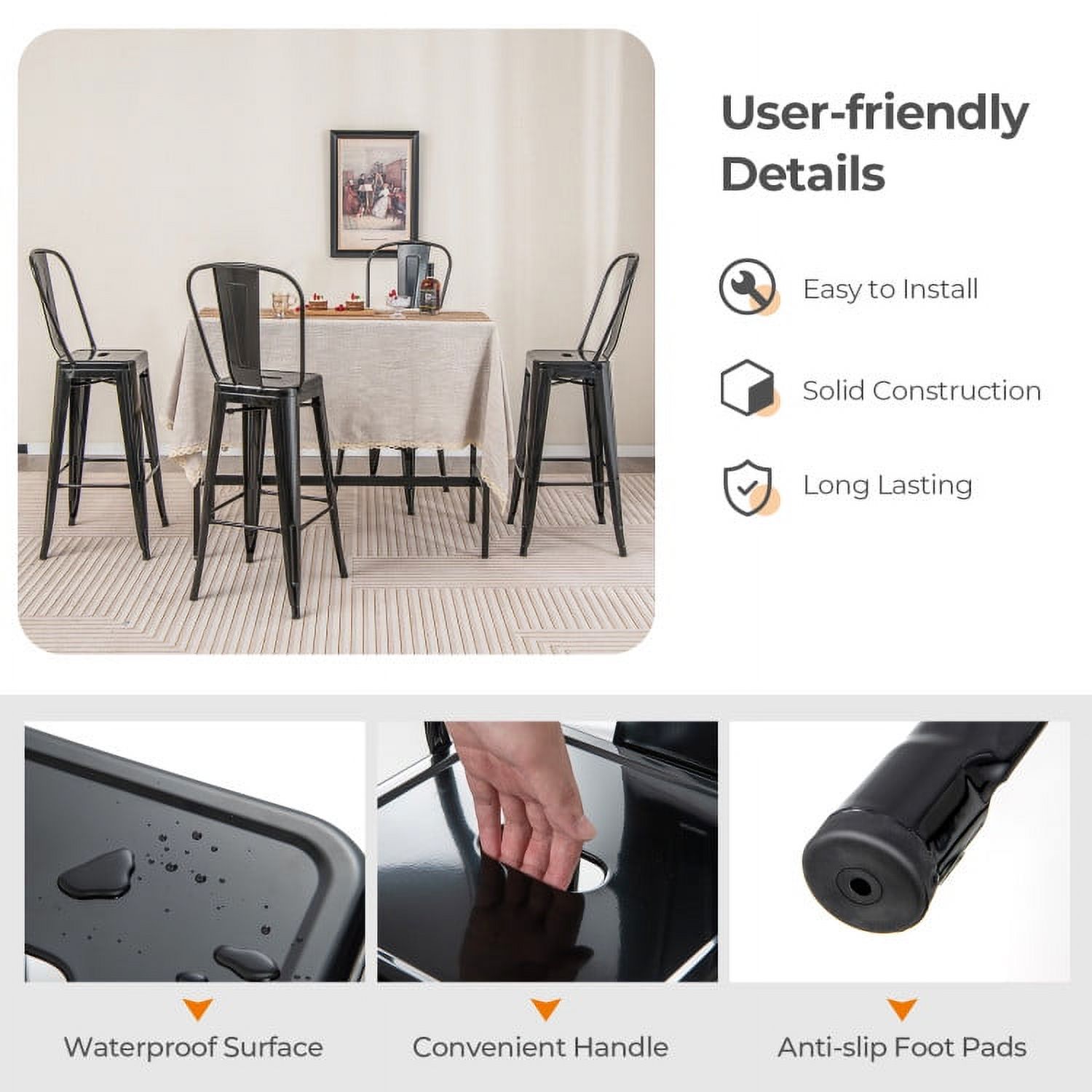 Demi Bonn 30" Height Set of 4 High Back Metaldustrial Bar Stools, Modern Dining Chair with Backrests, Black