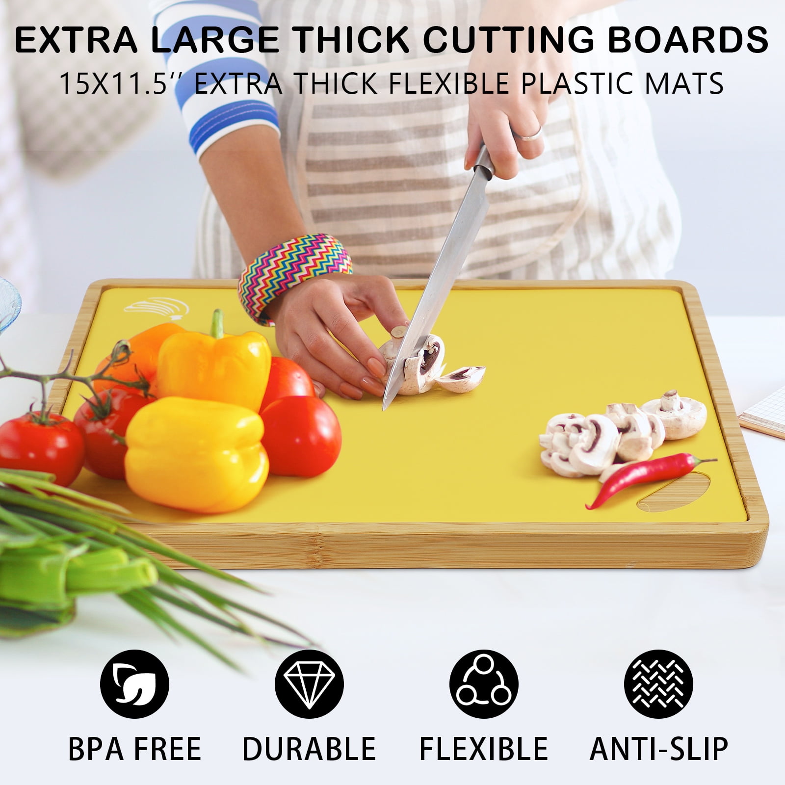 Bamboo Cutting Board Set with 6 Color-Coded Flexible Chopping Mats for Kitchen Prep, Charcuterie & Chopping for Meat, Vegetables and Fruits