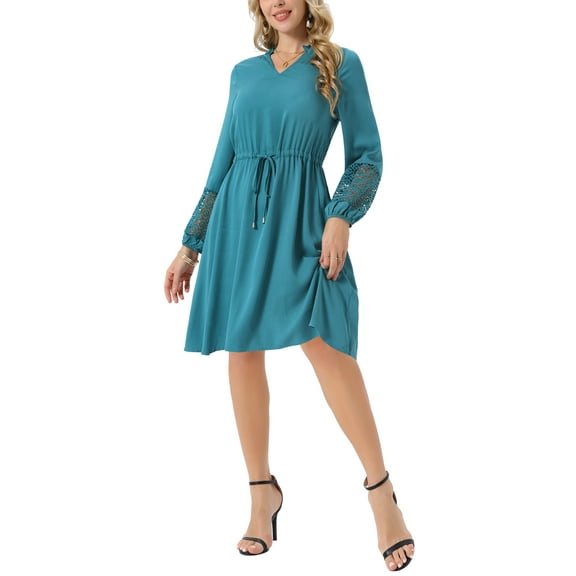 INSPIRE CHIC Women's Long Sleeve Ruffle V Neck Drawstring Waist Knee Length Flowy Boho Dress S Lake Green