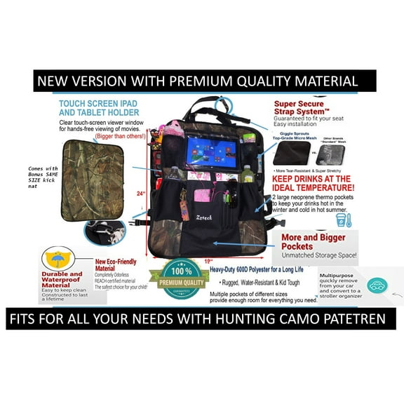 Camo Hunting Car Back Seat Organizer with iPad / Tablet Holder Touch Screen - Kids Toy Storage bags, Auto Seat protector, - for Baby Stroller &Travel Accessories - Comes with Bonus camouflage Kick Mat