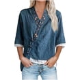 thumbnail image 1 of Mujeres manga corta de verano Tops imitación bordado V-cuello hebilla cinco cuartos de manga blusa, primavera en verano casual moda superior, 1 of 9