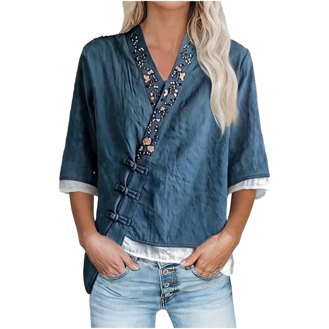 Mujeres manga corta de verano Tops imitación bordado V-cuello hebilla cinco cuartos de manga blusa, primavera en verano casual moda superior