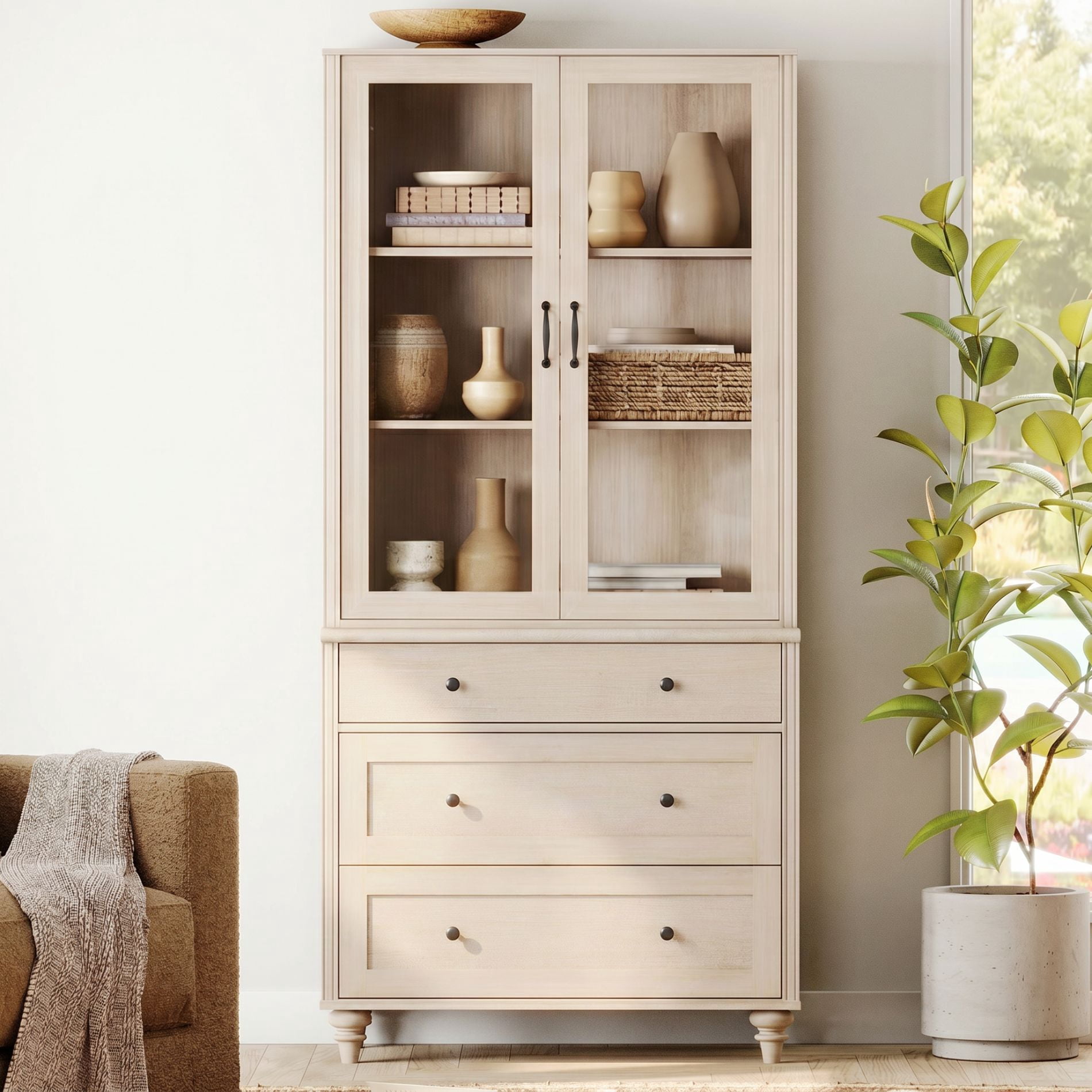 72"H × 34"W 5-Tier Farmhouse Wooden Library Bookcase with Glass Doors & 3 Drawers, Freestanding Storage Bookshelf for Living Room, Office & Kitchen, Beige