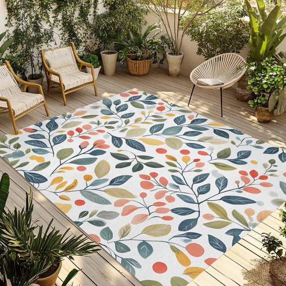 Colorful Botanical Outdoor Rug 3x5 Ft - Reversible Patio Rug Outdoor Camping Rugs, Spring Summer Leaf Floral Pastoral Washable Indoor Outdoor Area Rugs, Non-Slip Outdoor Carpet Runner for Deck/Porch