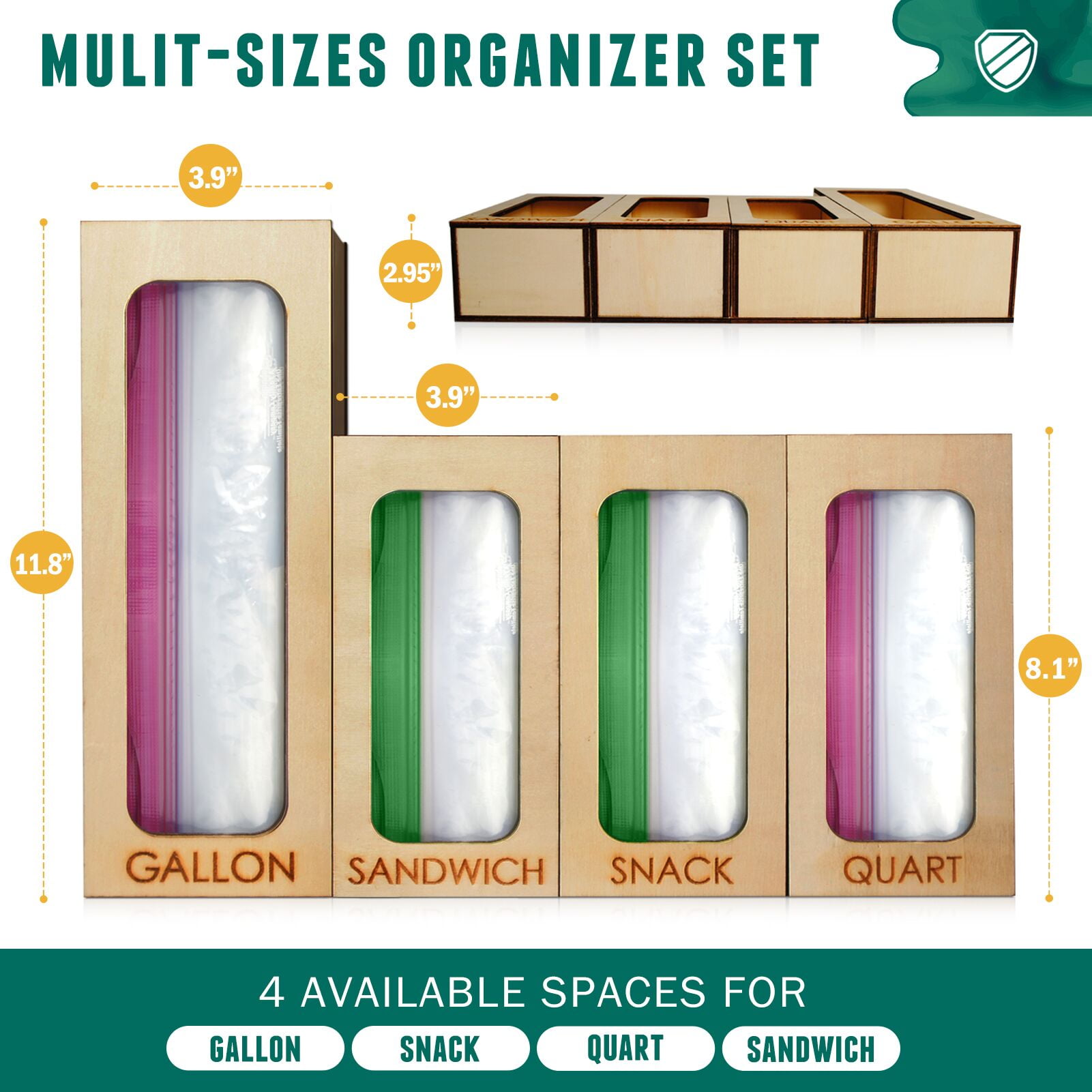 Fully Assembled) FLRUL Wooden Ziplock Bag Organizer for Pantry & Drawer, 4  Slots Baggie Storage Holder for Gallon Quart Sandwich & Snack bags,  Compatible with Ziploc Bags 
