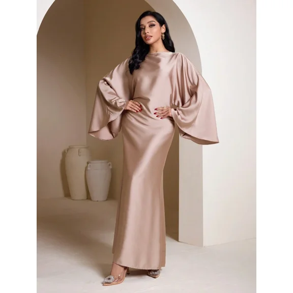 Coral Pink Satin Long Sleeve Modest Arabic Evening Gown