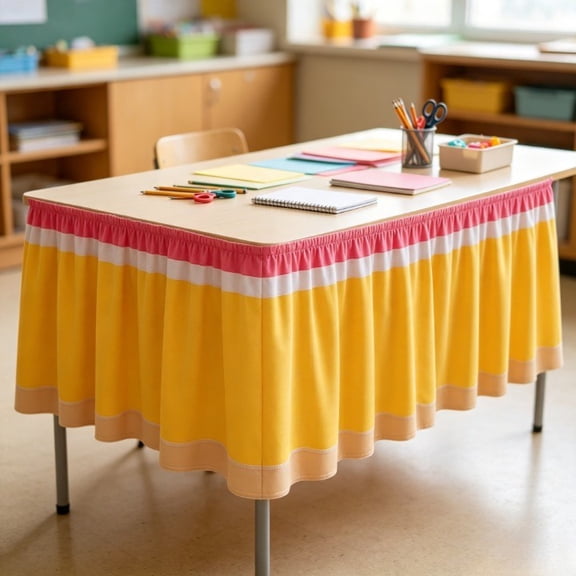 Pencil Table Skirt, Pencil Table Cloth Composition Table Skirt, Ruffled Desk Skirt Boho, Printed Fabric, for Classroom School Party, Yellow