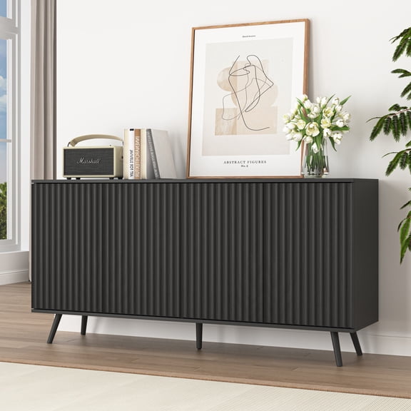 Hommoo Modern Wooden Sideboard Buffet Cabinet with Storage, Sideboard Storage Cabinet with 4 Doors, Multifunctional Credenza Console Coffee Bar Cabinets for Home, Office, Black