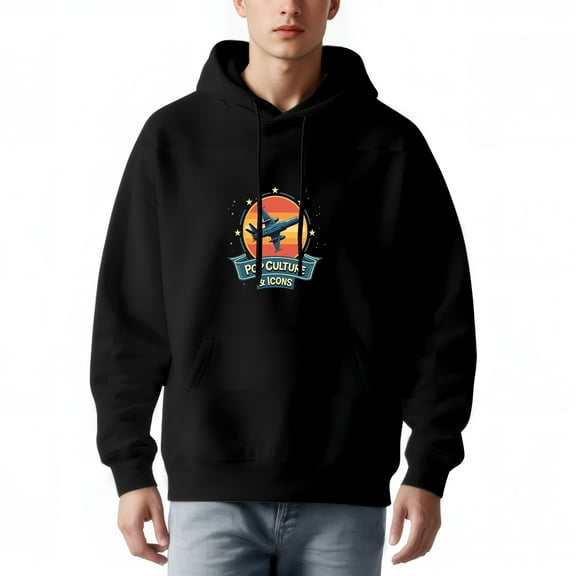Men's Loose Fit Hoodie with Colorful Airplane Graphic Sunset Design Front Pocket Drawstrings - Stylish Pullover Sweatshirt