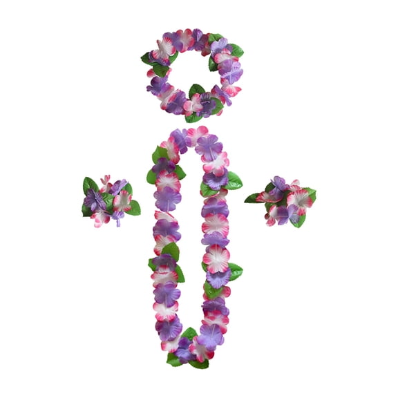 Hawaiian Party Flower Lei Set With 1 Lei, 1 Headband, 1 Wristband - 12-Color Petal Design For Luau, Tropical Themed Events, Festivals, Daily Dress-Up - Unisex, One Size Fits Most