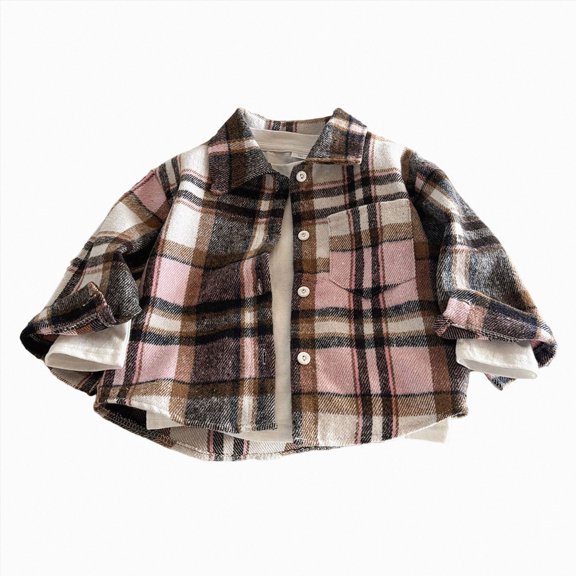 mgoYE Boys Girls Flannel Plaid Shirt Jacket Long Sleeve Lapel Button Pocketed Shirts Regular Fit Casual Fall Coat(Pink,5-6Years)
