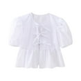 thumbnail image 1 of cfhntfmh Hauts d'Été pour Femmes Mode Col Rond Nœud devant Manches Courtes Bouffantes Chemises Babydoll Blouses Décontractées Amples, 1 of 4