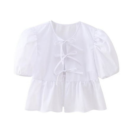 Womens Bow Tie Front Cute Babydoll Tops Puff Sleeve Summer Loose Peplum Ruffle Blouse Y2K Lace Up Going Out Shirts