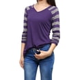 thumbnail image 1 of Tops A Rayas Con Cuello En V Y Mangas Raglán Largas Para Mujer Púrpura M, 1 of 7