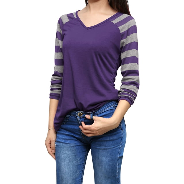 Tops A Rayas Con Cuello En V Y Mangas Raglán Largas Para Mujer Púrpura M