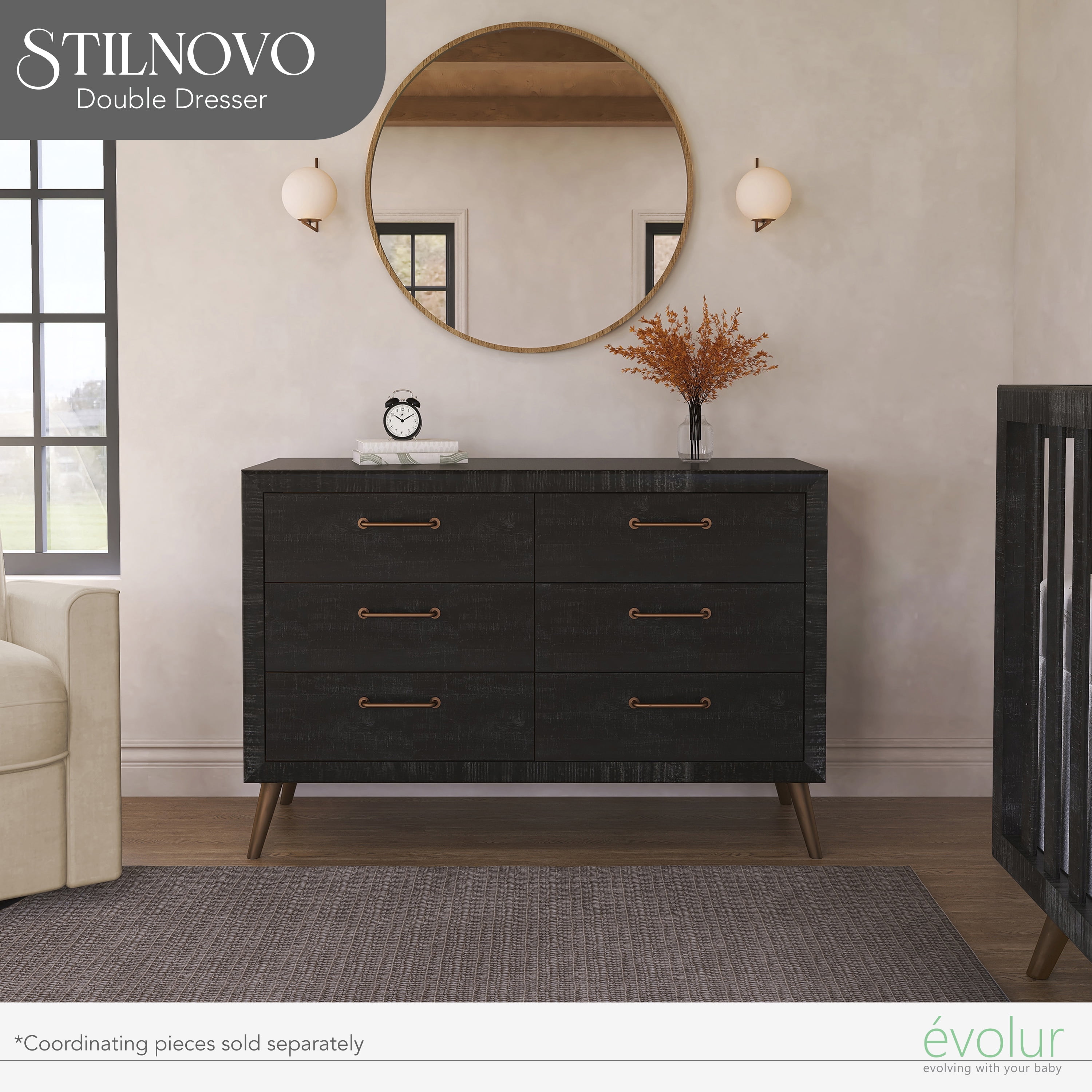 Evolur Stilnovo Mid Century Double Dresser In Onyx Black