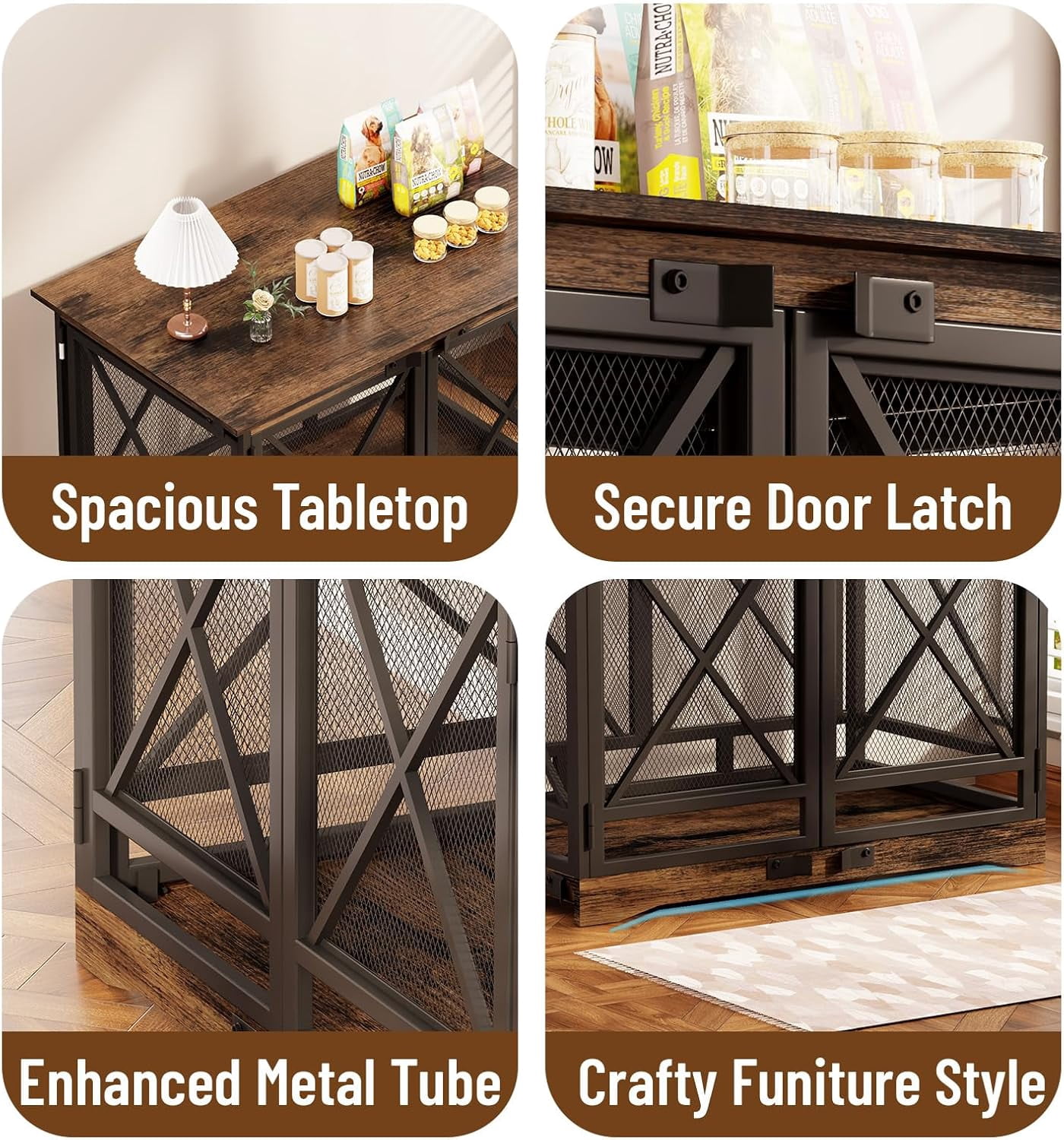 COZPAW 48 Inch Heavy Duty Dog Crate Furniture, Double Door Wooden Dog Kennel End Table for Large Dogs, Brown